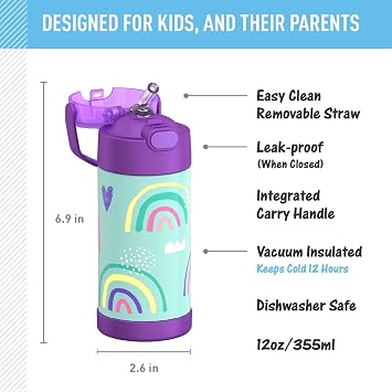 THERMOS FUNTAINER Water Bottle with Straw - 12 Ounce - Kids Stainless Steel Vacuum Insulated Water Bottle with Lid, Rainbows