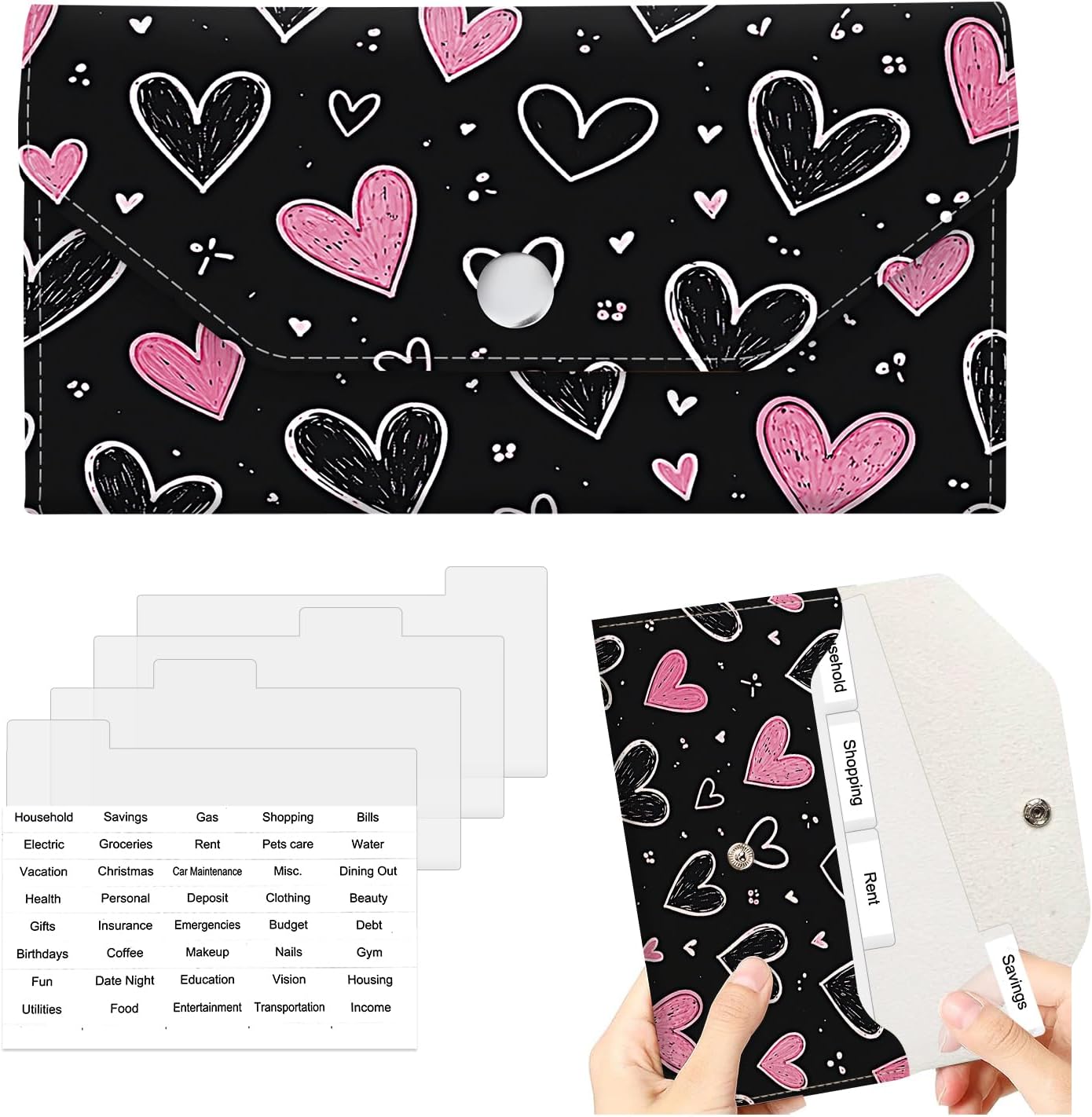 Cash Envelope Wallet for Budgeting, PU Leather Cute Cash Pouch with 4 Cash Dividers & 1 Category Stickers, Reusable Money Holder for Men and Women Cute Black Pink Heart
