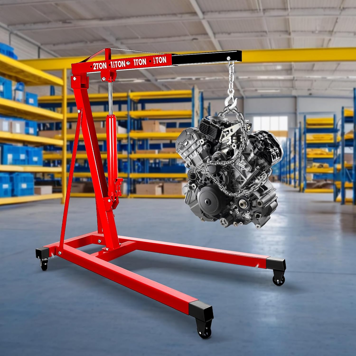 4400 LBS Folding Hydraulic Engine Hoist with Leveler, 2Ton Cherry Picker Shop Crane,Heavy Duty Folding Shop Crane with 4 Casters,Engine Lift for Garage,Workshop,Red