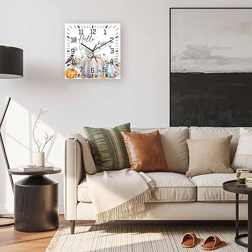Miniatura 5 de Debedcor Thanksgiving Pumpkin Wooden Wall Clock Silent Non Ticking, Autumn Leaf Fall Harvest Square Wall Clock Battery Operated, Decor Clock for