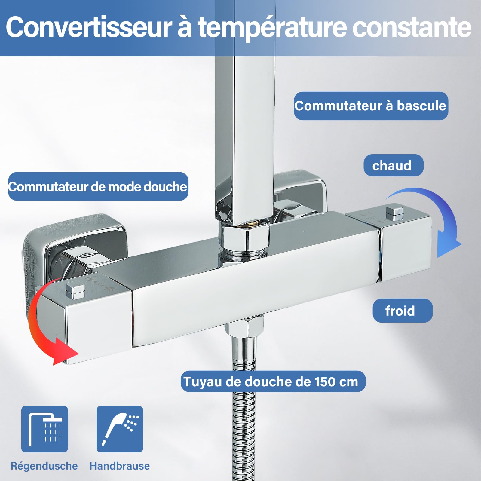 Thermostatique Colonne de Douche Chromé avec Mélangeur Réglable en Hauteur Ensemble de Douche 25x25cm Pluie Pommeau de Douche Carré avec Douchette à Main Acier Inoxydable