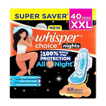 Whisper Choice Nights, 40 XXL Pads, Gives Up to 100% worry-free protection all night** with 4x back coverage