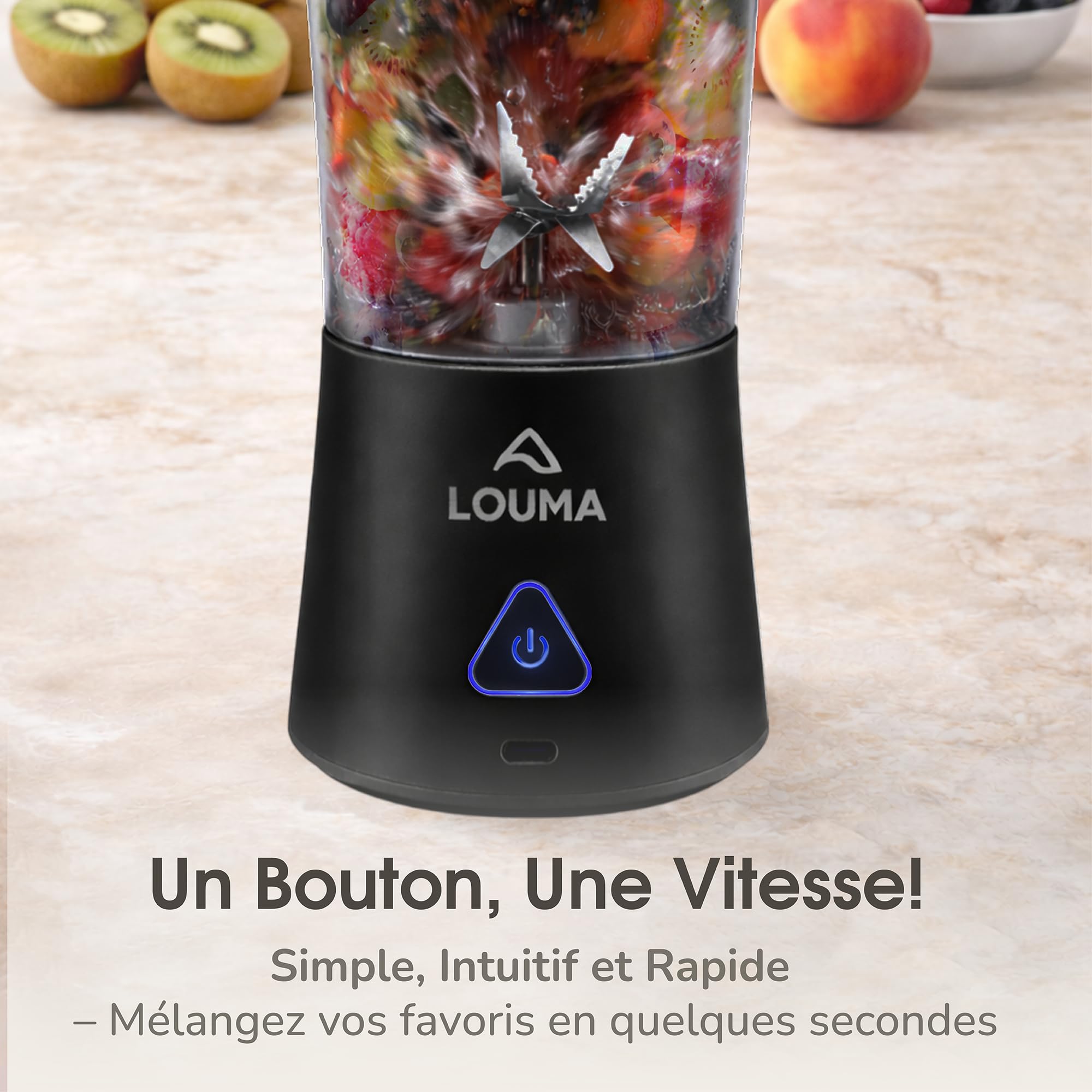 LOUMA Blender Portable 650ml – Mixeur Smoothie Rechargeable USB 6000mAh – 6 Lames Inox Puissantes – Sans BPA – Pour Smoothies, Shakes, Fruits & Glace – Mini Blender Sport & Voyage (Noir)