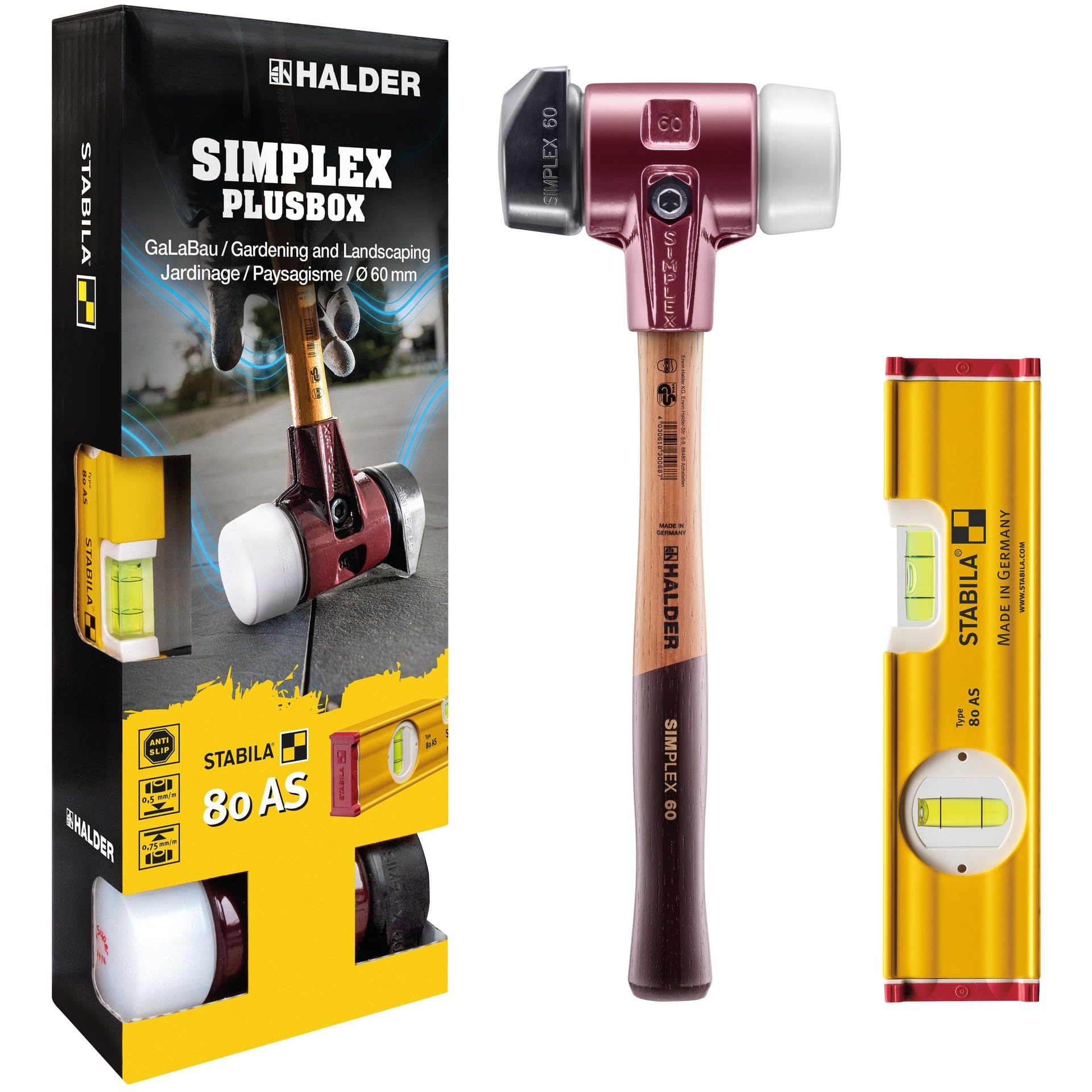 HALDER-Plusbox Galabau, SIMPLEX-Schonhammer D60, Gummikomposition mit Standfuß/Superplastik plus STABILA Wasserwaage | 3027s024