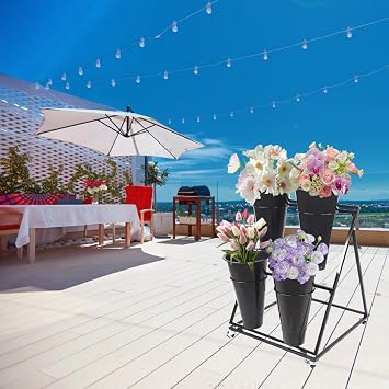 Flower Display Stand, 2 layers Metal Moving Bouquet Shelf, Iron Florist with 4 Universal Wheel and Plastic Buckets, for Living Room, Garden, Courtyard, Florist, Balcony, Patio 2Tier 4 Black Bucket