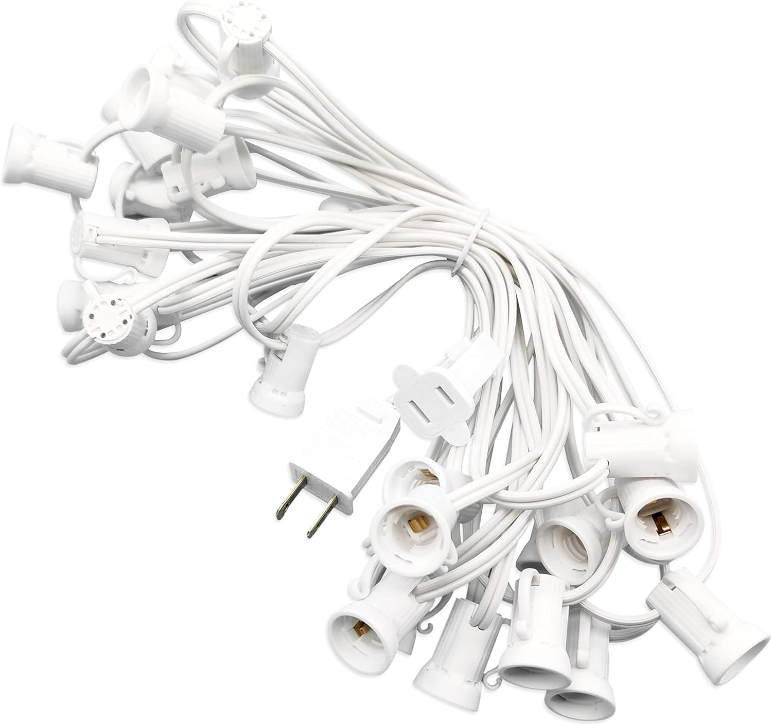 Christmas Light Stringer, C7 / E12 (Candelabra Base) Light Strand 12” Spacing, 25 Sockets 25ft SPT-1 18AWG White Wire, Fits C7 Incandescent or LED Bulbs