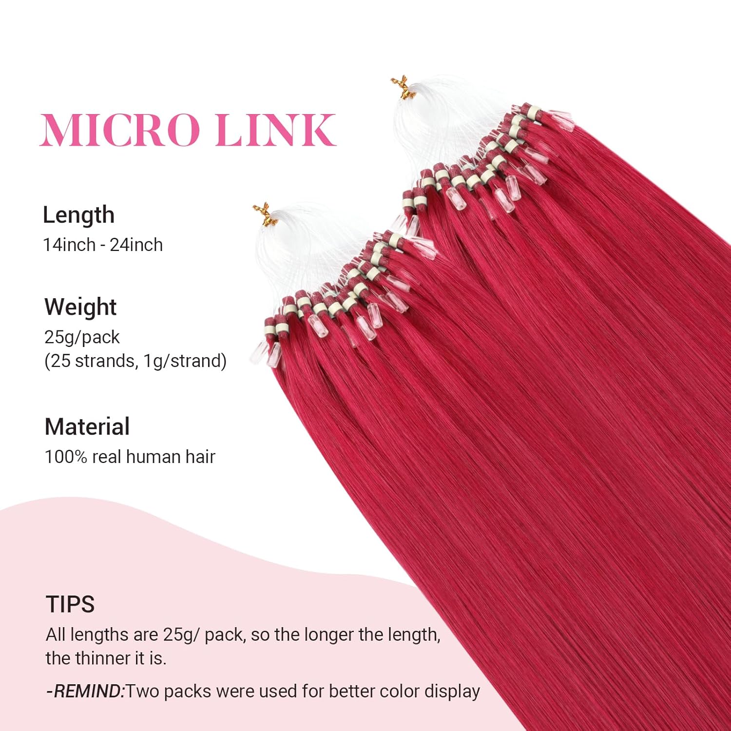 MAXITA Microlink Hair Extensions Human Hair, Red Micro Beads Hair Extensions Real Human Hair, Colored Highlight 16 Inch 25g/25 Strands/Pack Straight Hair for Party