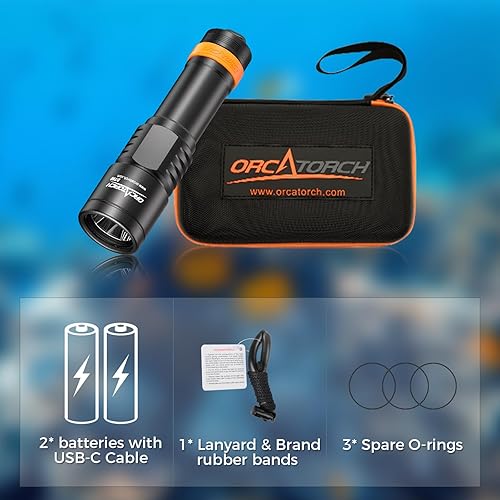 Miniatura 8 de ORCATORCH Luz de buceo D700 de 1700 lúmenes con haz estrecho de 6°, interruptor mecánico de encendido/apagado, impermeable IP68, linterna submarina