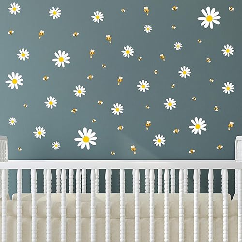 Miniatura 4 de Calcomanías de pared de margaritas blancas y abejas, fáciles de despegar y pegar, calcomanías de pared de flores retro para niñas, dormitorio,
