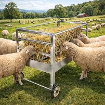 Heavy-Duty Goat Feeder Cart with Wheels, 2-in-1 Galvanized Steel Goat Hay Feeder, Large Rust-Proof Sheep Hay Feeders for Horses, Ponies & Livestock, Easy Clean High-Capacity Farm Feeder