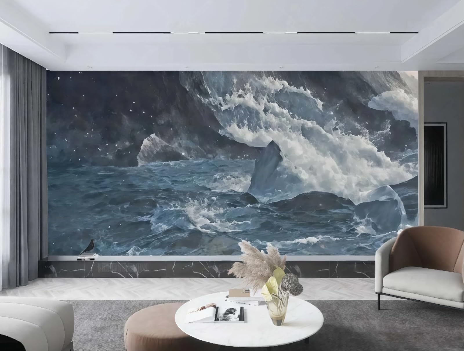 Papier peint vague réaliste pour agrandir l'espace d'un salon moderne