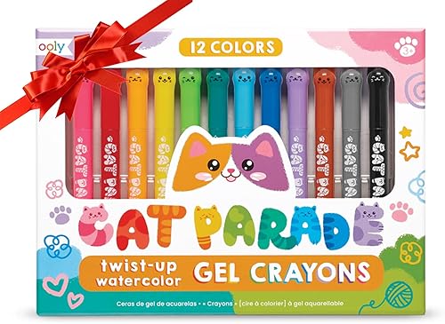 Ooly Cat Parade - Crayones de gel para niños y adultos, juego de 12 crayones de colores arcoíris para superficies de vidrio y papel con tapas en