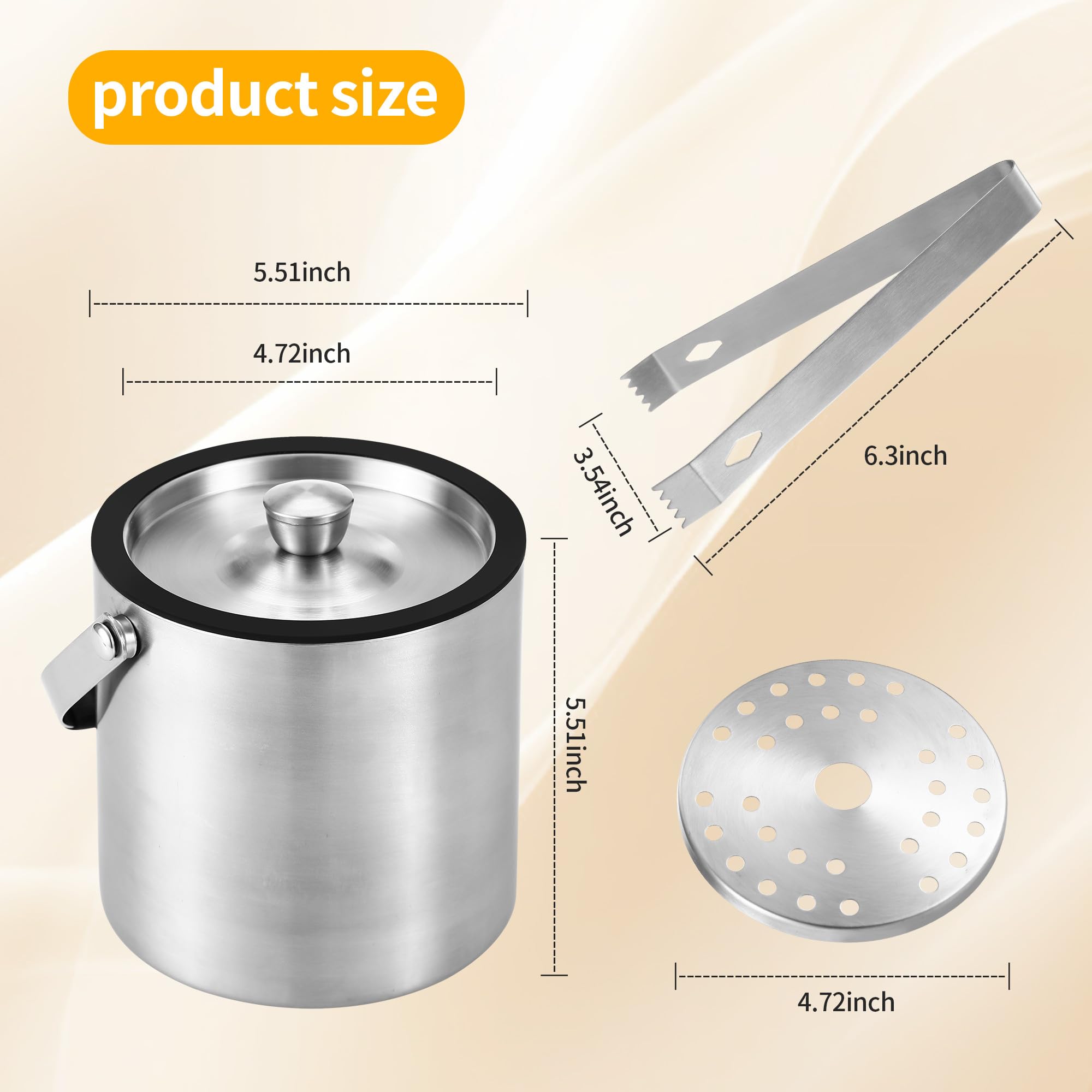 1.6 litri Secchiello Ghiaccio, Secchiello Ghiaccio In Acciaio Inox con Coperchio sigillante, Colino e pinze per Ghiaccio, Perfetto per cocktail Bar, Feste, Casa