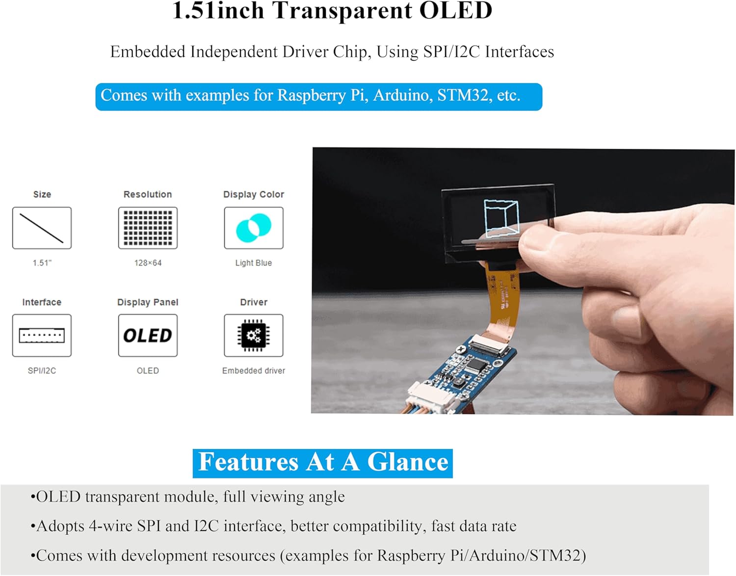 1.51inch Transparent OLED Compatible with Raspberry Pi 5/4B/3B+/3B/A+/Pi Zero W/Pi Zero 2W, 128 x 64 Resolution, SPI/I2C Interfaces, Embedded Independent Driver Chip, Light Blue Color Display