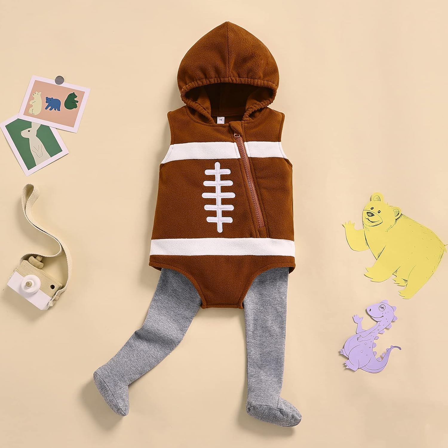 BeQeuewll Unsiex Infant Baby Boys Girls Halloween Pumpkin Costume Romper Bodysuit Outfits Dress Up Set (Football Set Brown, 0-6 Months) - Image 2