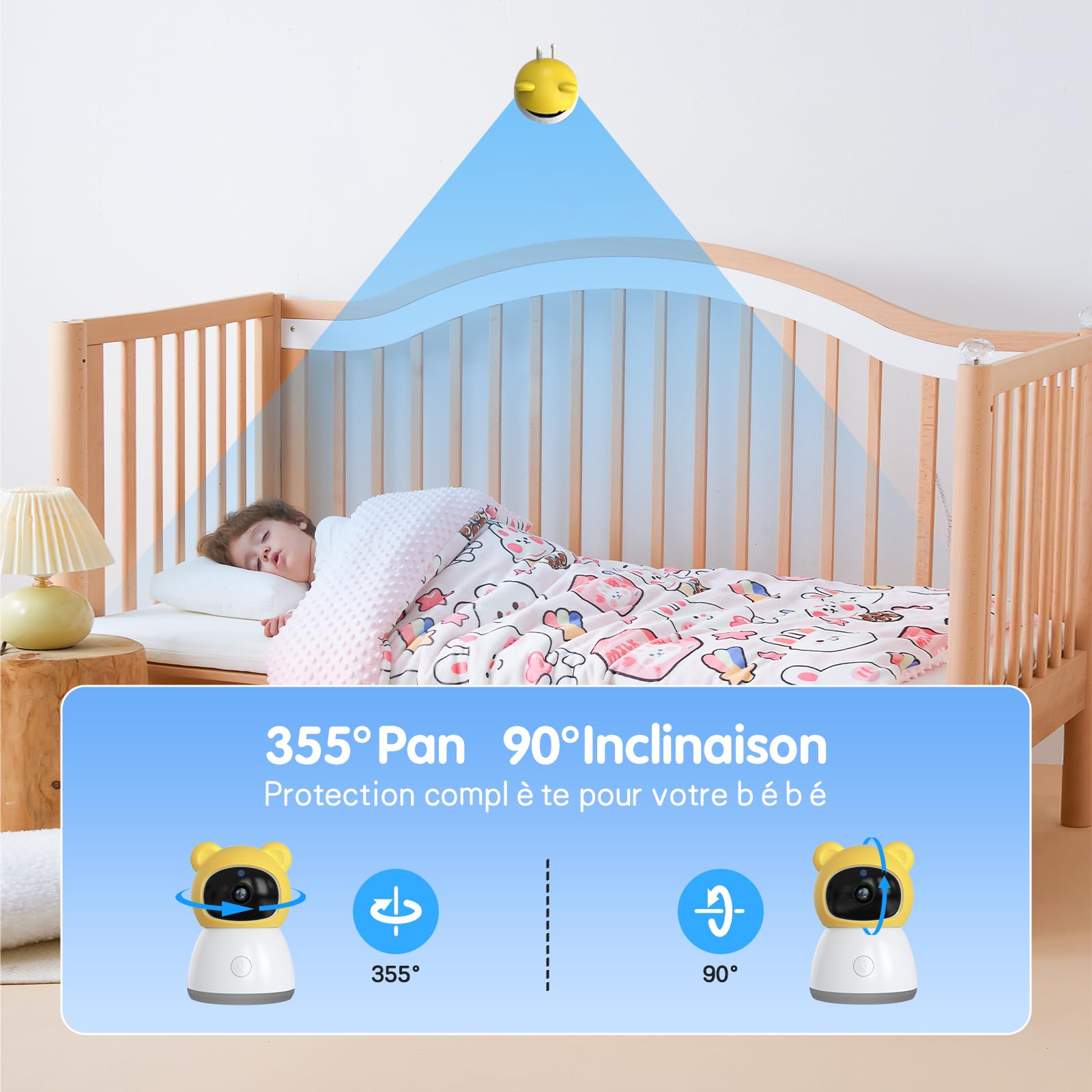 XPJ 2K 5" - Cámara de bebé con aplicación de teléfono, rotación de 360° luces de noche coloridas, zoom 4X, monitoreo de movimiento, seguimiento automático, zona de alarma personalizada