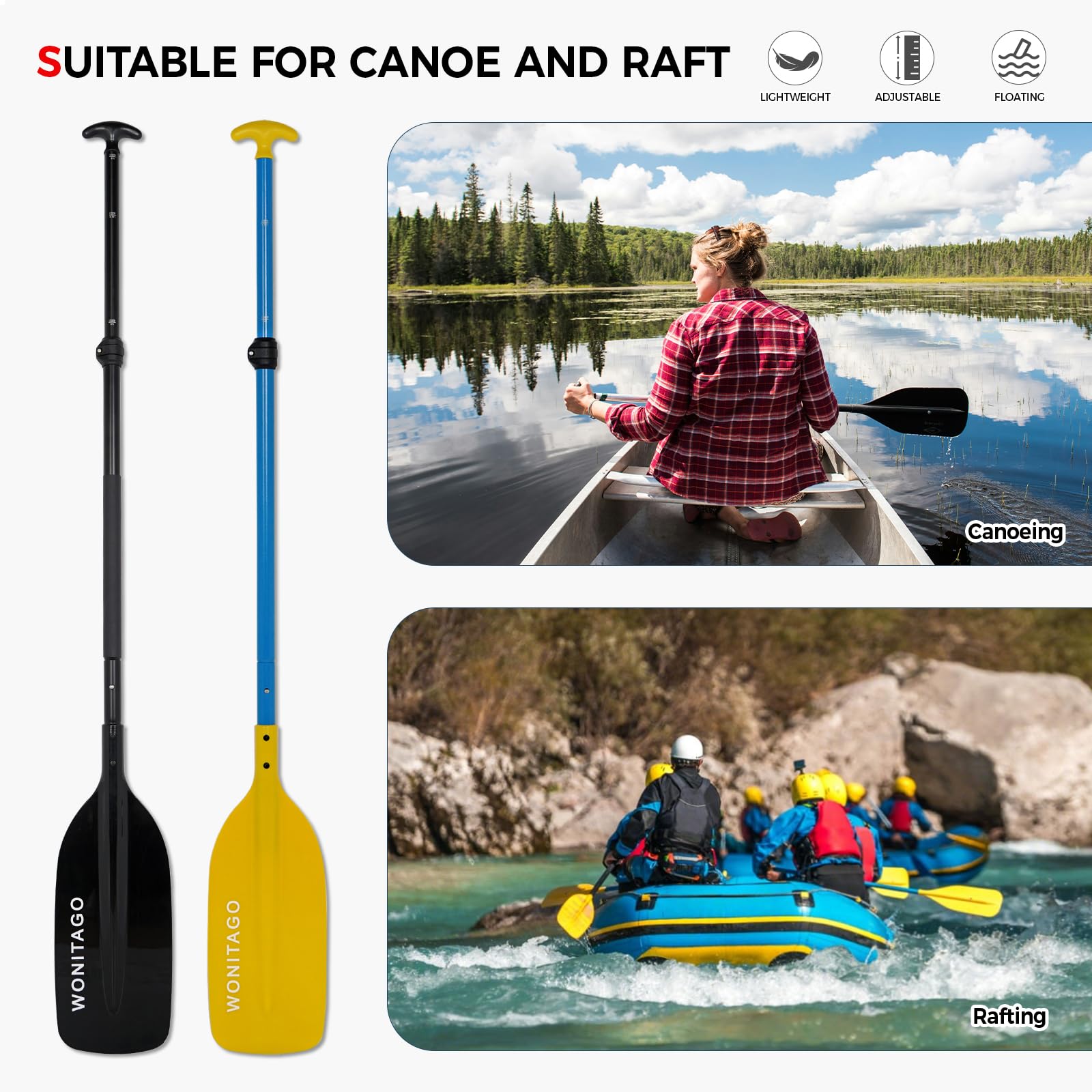 Pagaie de canoë avec tige en aluminium et lame en plastique, pagaie réglable pour canoë, bateau et rafting, 122-152 cm, noir/jaune