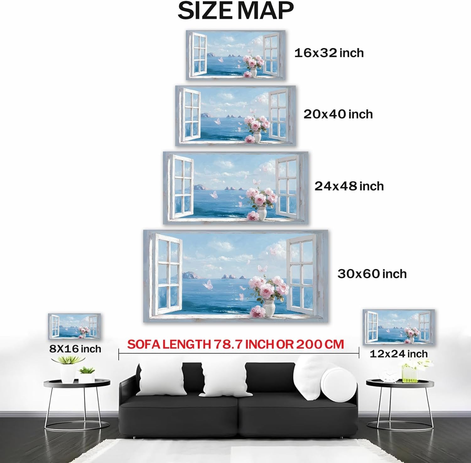 TIMUBA Fake Window Coastal Wall Art, Modern Coastal Landscape Painting Artwork Floral Canvas, Pink Flower Art Wall Decor for Bathroom, Butterfly Blue Ocean Pictures for Bedroom Decoration 40x20 Inches