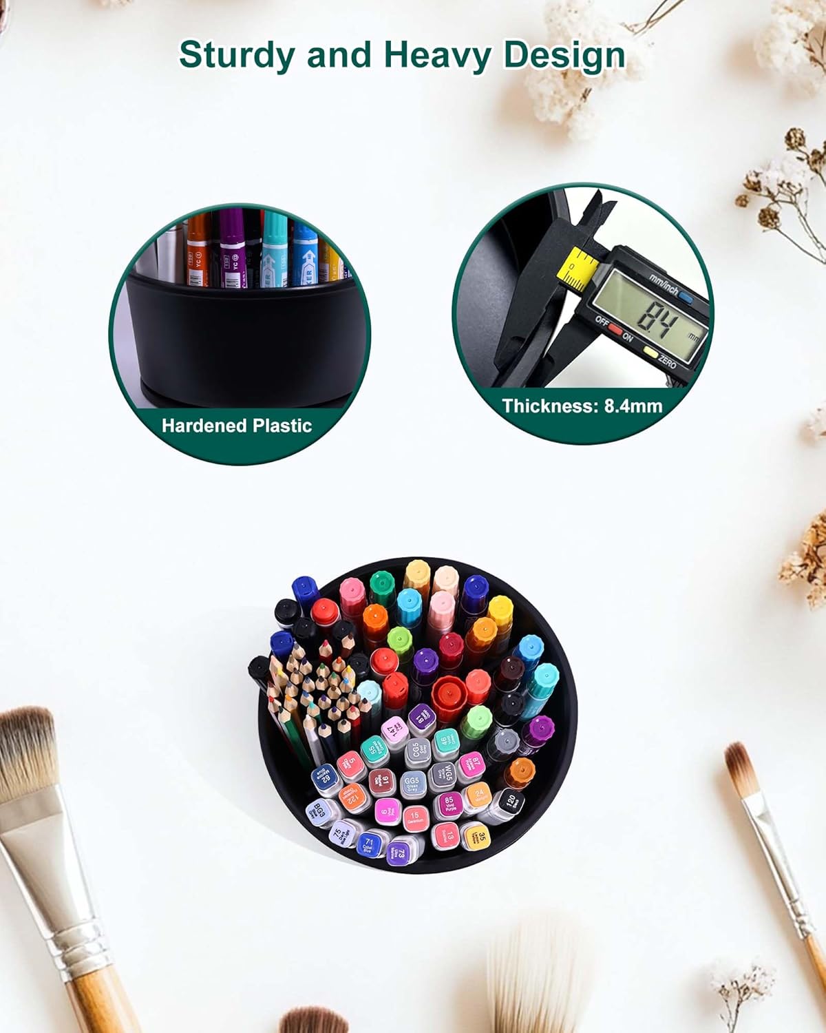 LYNG 360° Rotating Pen Holder for Desk, Small Desk Organizer With Adjustable Dividers, Non-Slip Base Pencil Holder for Office, Home, School Supplies Black