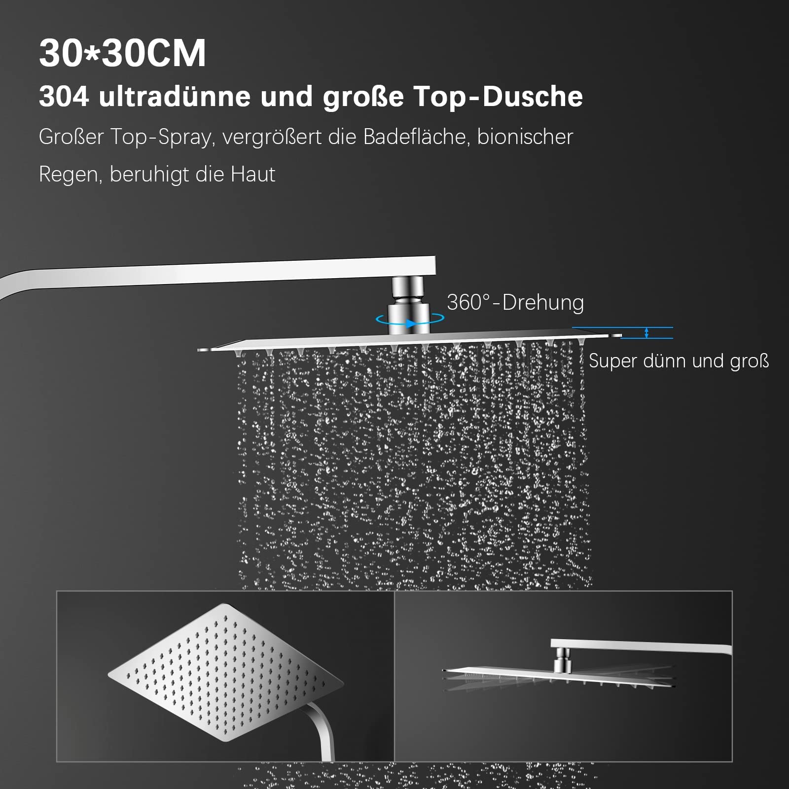 KOMIRO Duschsystem ohne Armatur, Regendusche Ohne Armatur,Duschset mit Duschkopf 30x30cm, Handbrause mit 3 Strahlarten, Edelstahl Duschstange Höhenverstellbar,Quadrat