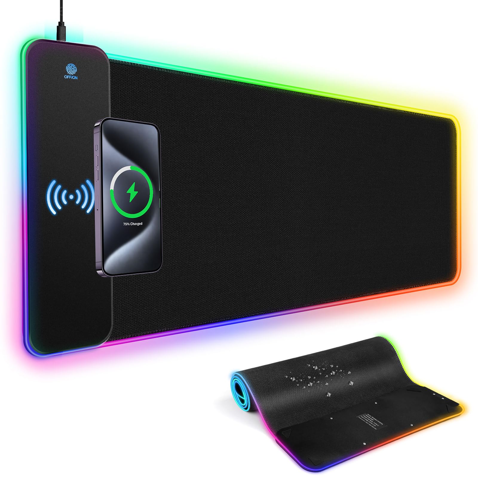 RGB Gaming Mouse Pad with 15W Wireless Charging, LED Mouse Mat with 13 Light Modes, XXL Extra Large Mousepad 800x300x4mm Non-Slip Rubber Base,
