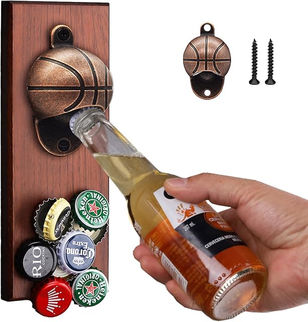 Magnetic Bottle Opener with Catcher: Basketball Wall Mounted Wooden Beer Opener, Novelty Beer Gift Ideas for Men Dad Husband Him, Perfect for Home Bar Accessories, Pub, Birthday Housewarming Presents