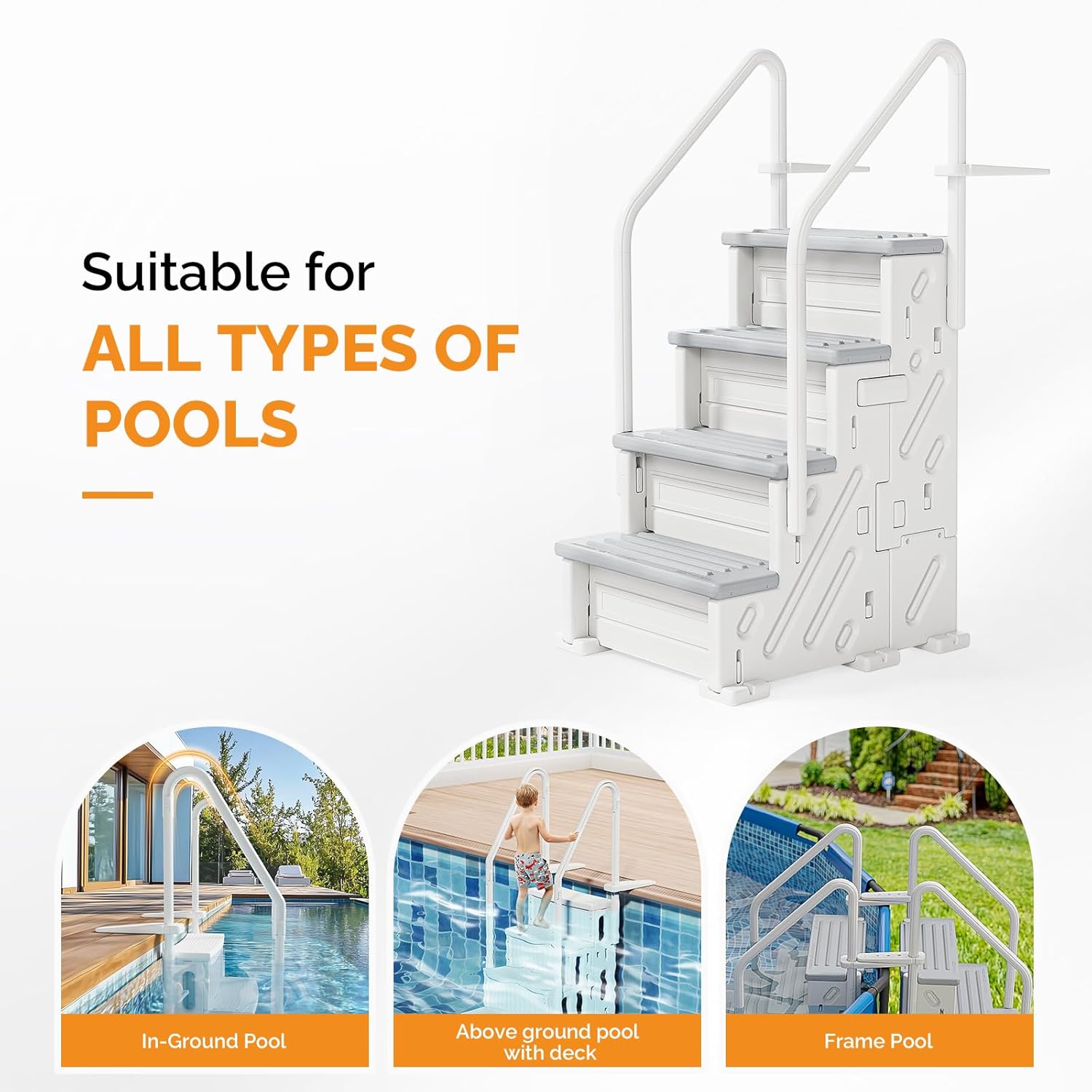 VINGLI Pool Ladder Above Ground – Heavy-Duty 4-Step Entry System with Wide Steps & Handrails, 34.4" x 31.9" x 67.3", 400lb Capacity, White&Grey