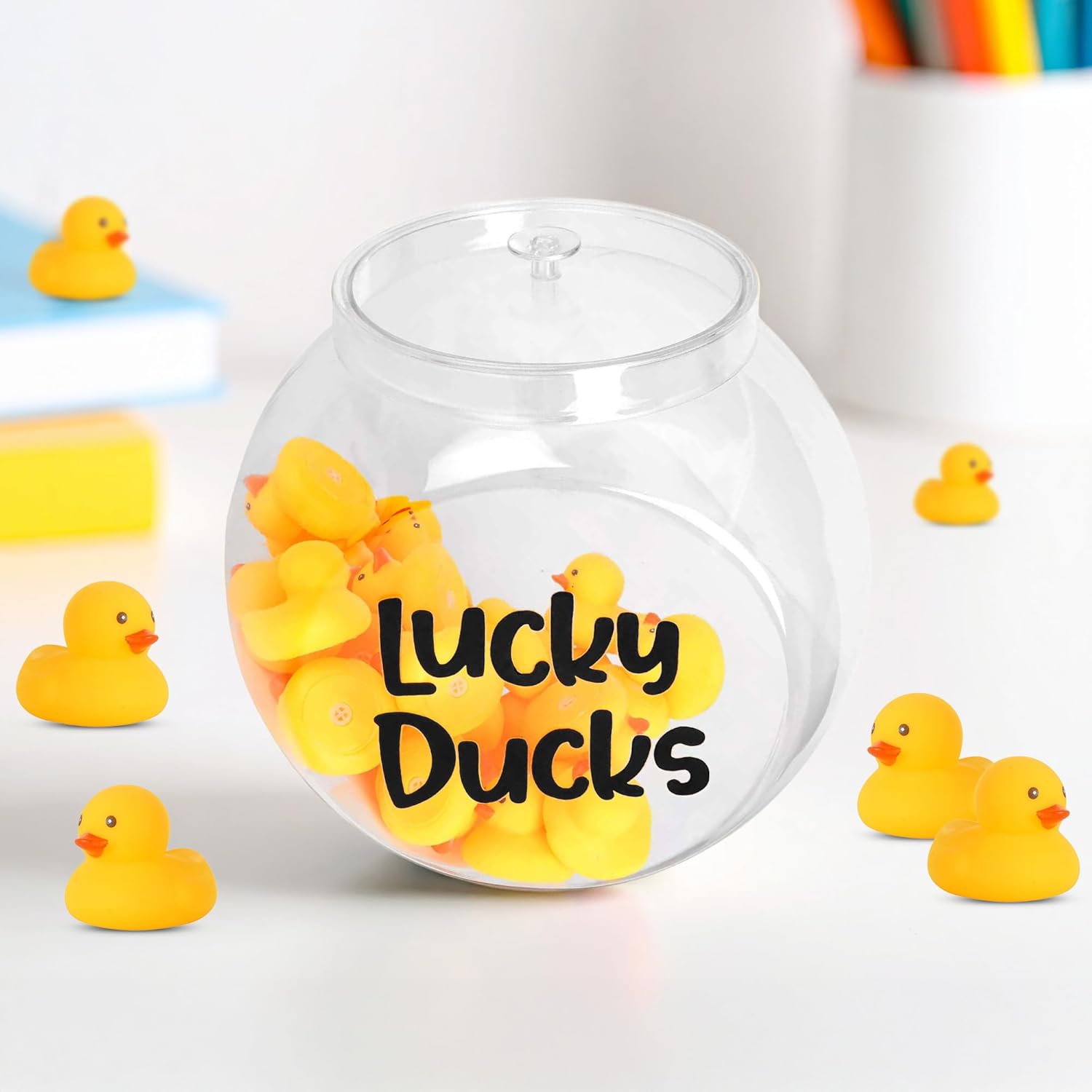 Lucky Ducks with Jar - Classroom Management Tools - Mini Rubber Duck Rewards for Teachers - Classroom Decor - Behavior Management Tools - Back to School Supplies