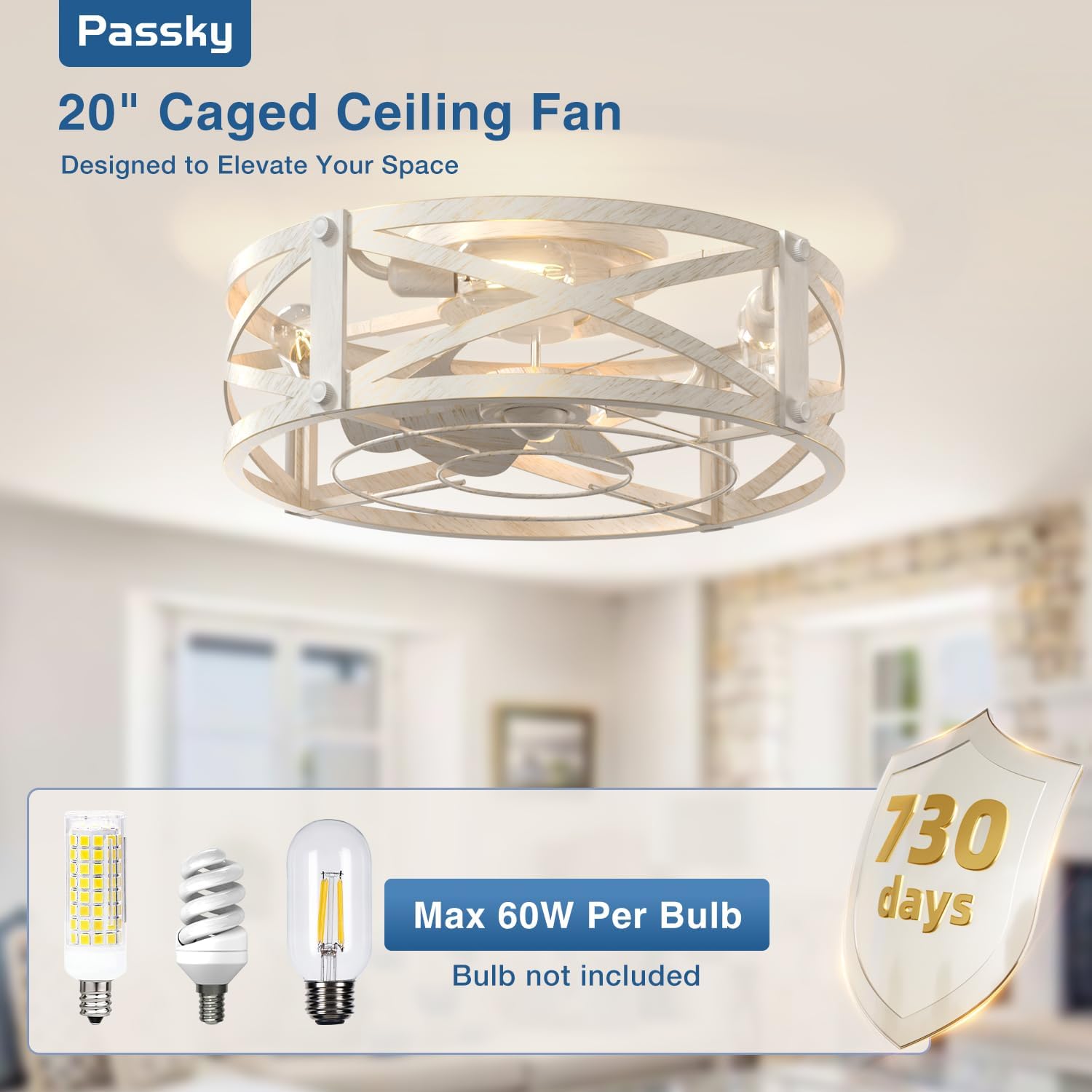 Passky 20" Farmhouse Flush Mount Ceiling Fans with Lights and Remote, Industrial White Caged Low Profile Fandelier, 6 Speeds Bladeless Ceiling Fan for Bedroom, Kitchen, Living Room