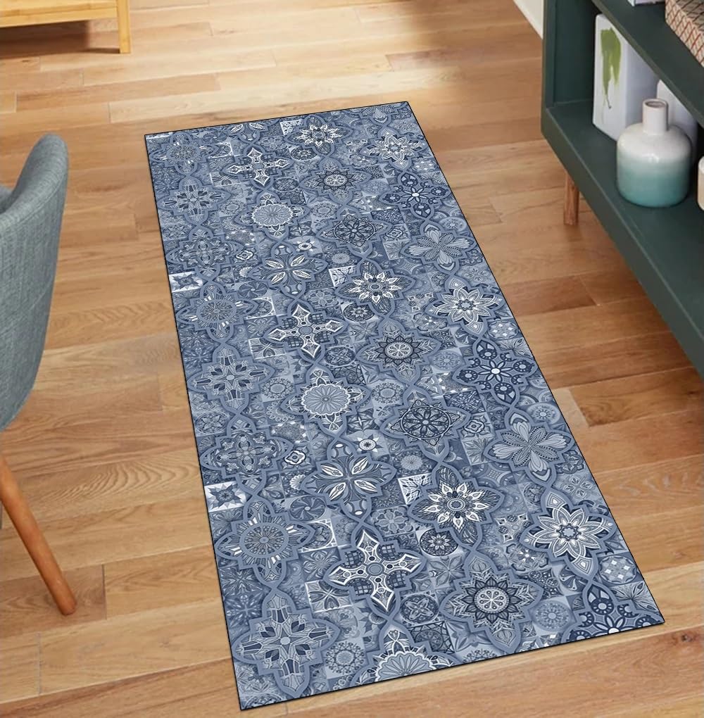 Alfombra bohemia azul de 120 x 120 cm ideal para la decoración moderna de pasillos y cocinas.