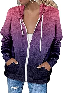 JINGAN Long Coat for Women Women Casual Jacket Loose Zipper Hooded Drawstring Jacket Gradient Print Solid Pocket Sweatshirt Jacket Long Sleeve Lounge Shirts Women Waterproofing Wash for Jackets