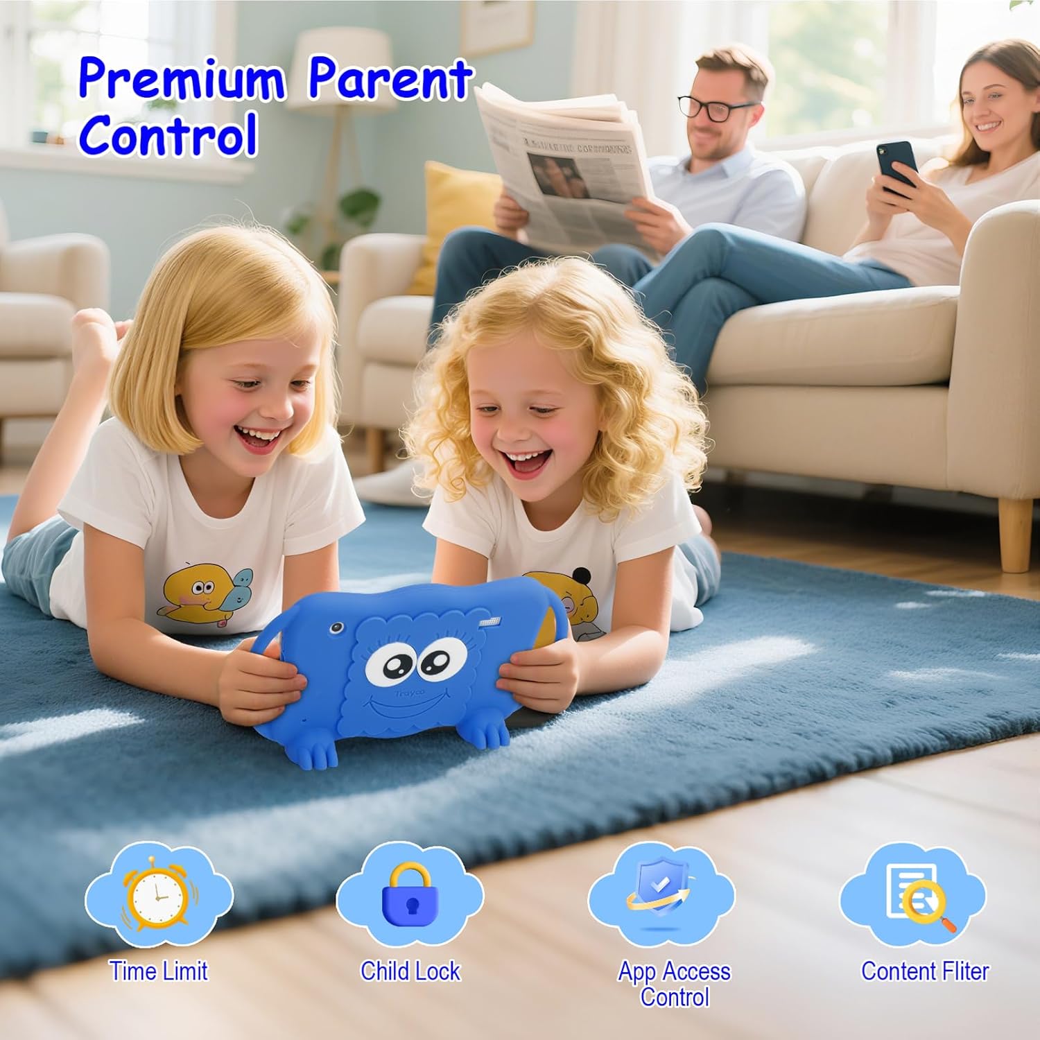 Trayoo Kids Tablet 7 Inch Tablets for Kids 3-12, 32GB Toddler Tablet with Dual Camera, Parental Control, Solid Case, WiFi, GMS, YouTube, Netflix, Android Learning Software Installed (Navy Blue)