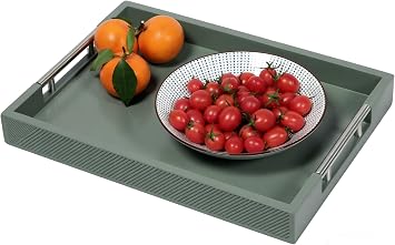 Modern Serving Tray with Polished Metal Handles, 16''x12'' Rectangle Coffee Table Tray, Perfect for Storage and Display (Grey)