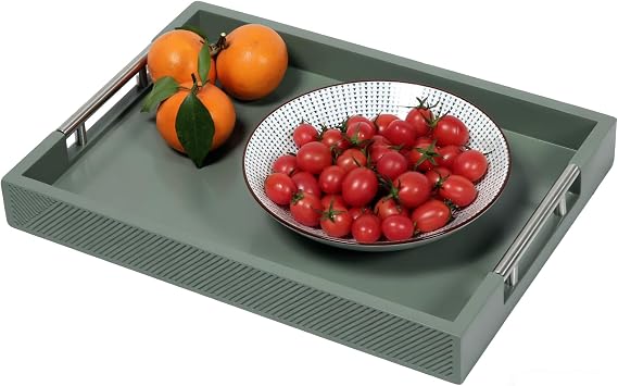 Modern Serving Tray with Polished Metal Handles, 16''x12'' Rectangle Coffee Table Tray, Perfect for Storage and Display (Grey)