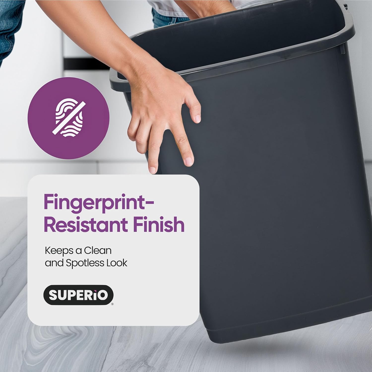 Garbage Cans with Swing Top-Split Lids | Large Kitchen Trash Cans with Lids | Durable Plastic |Slim & Sturdy Trash Bins | Fingerprint Resistant | 13 Gallon / 50 qt / 50 L - Grey/Black | Superio