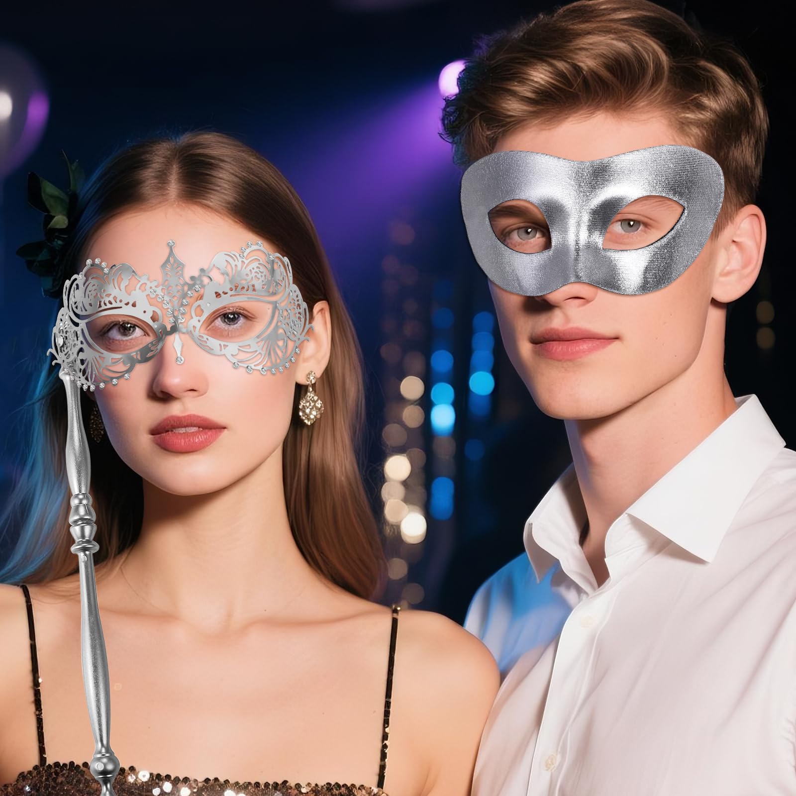 Oidea Masquerade Mask with Stick for Couples: Luxury Rhinestones Party Mask for Women Men Mardi Gras Venetian Carnival Masks Set Halloween Costume Accessory - Image 2