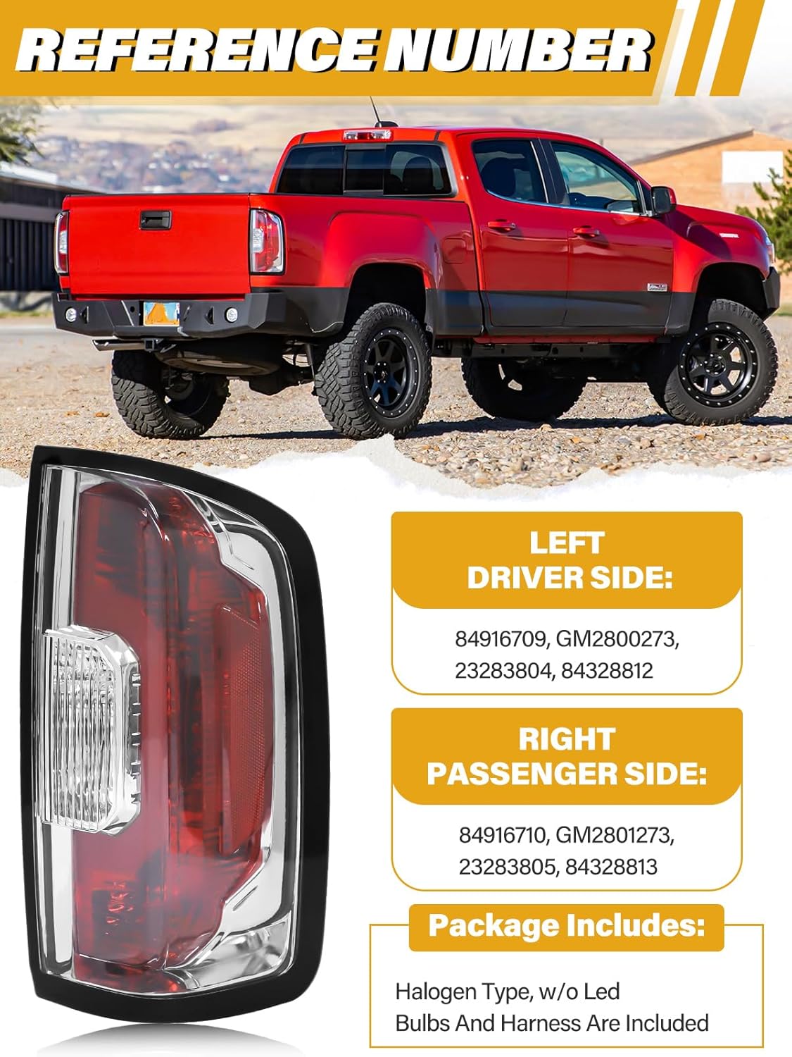 Tail Light Assembly Compatible with GMC Canyon 2015-2022 (Terrain,Denali,Base,SL,SLE,SLT), Halogen Rear Lamp for 84916710 84328813 GM2801273, Red+Clear Lens W/Bulbs, Right Passenger Side