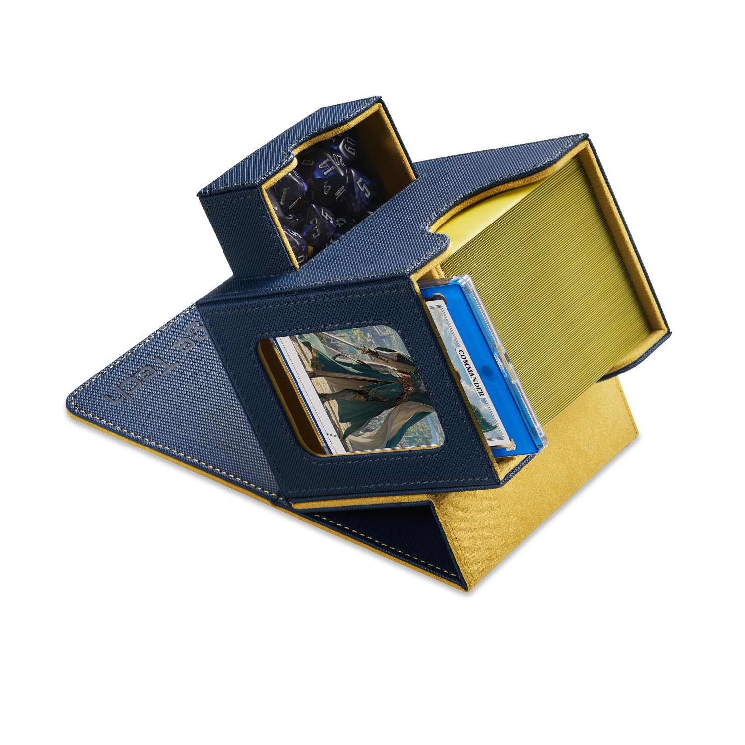 Mage Tech Card Deck Box for MTG Commander - Patented Design, Commander Display, Fits 100 Double-Sleeved Cards, 35pt Card Brick & Dice Tray