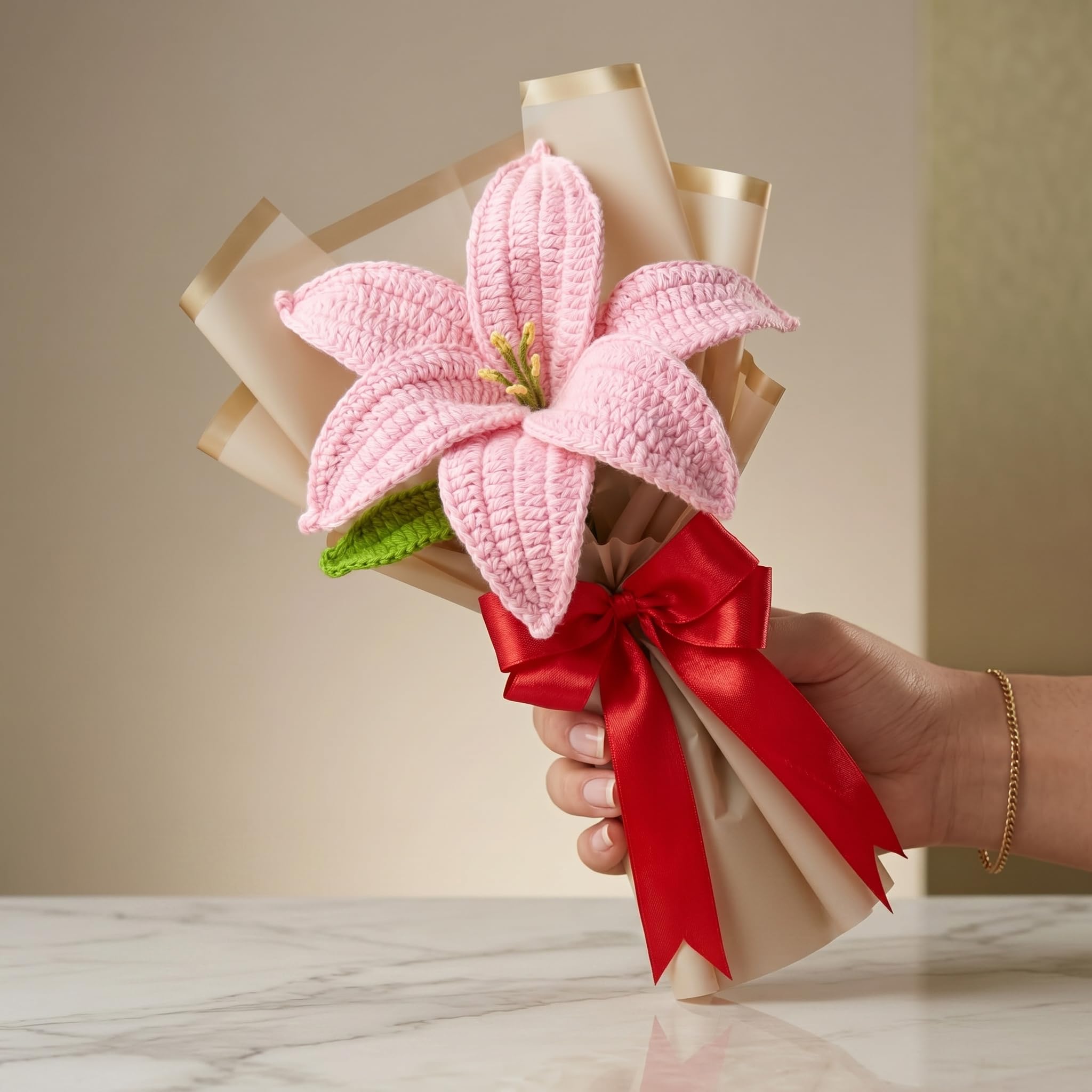 Handmade Crochet Lily Flower Bouquet, Artificial Forever Flowers, Cotton Yarn, Red, Pink, Blue Lavender Available, 25cm Height, Gift for Anniversary, Birthday, Valentine's Day, White Wrapping-image-39