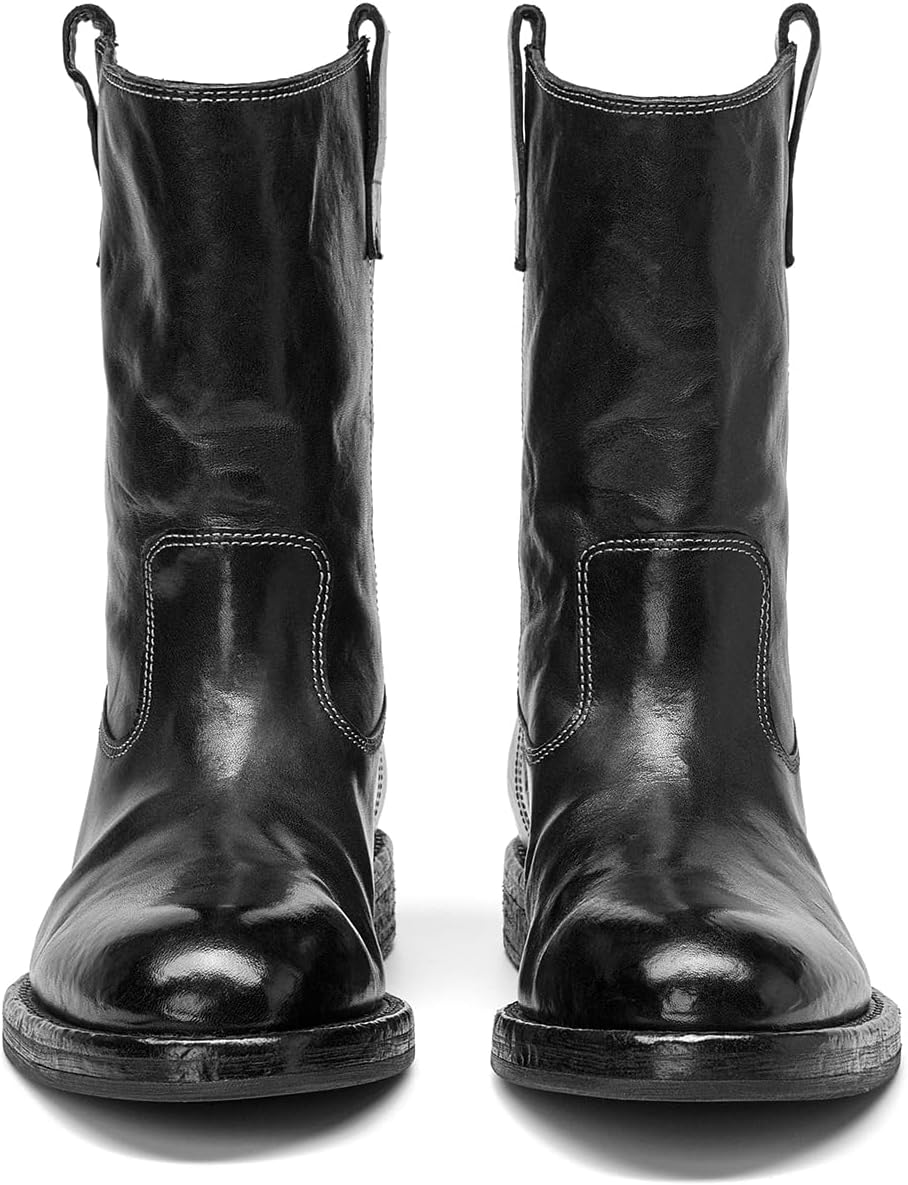 BEAU TODAY Mid Calf Boots for Women, Genuine Leather Wide Calf Boots Women,Slouch Slip On Dressy Boots with Low Heel