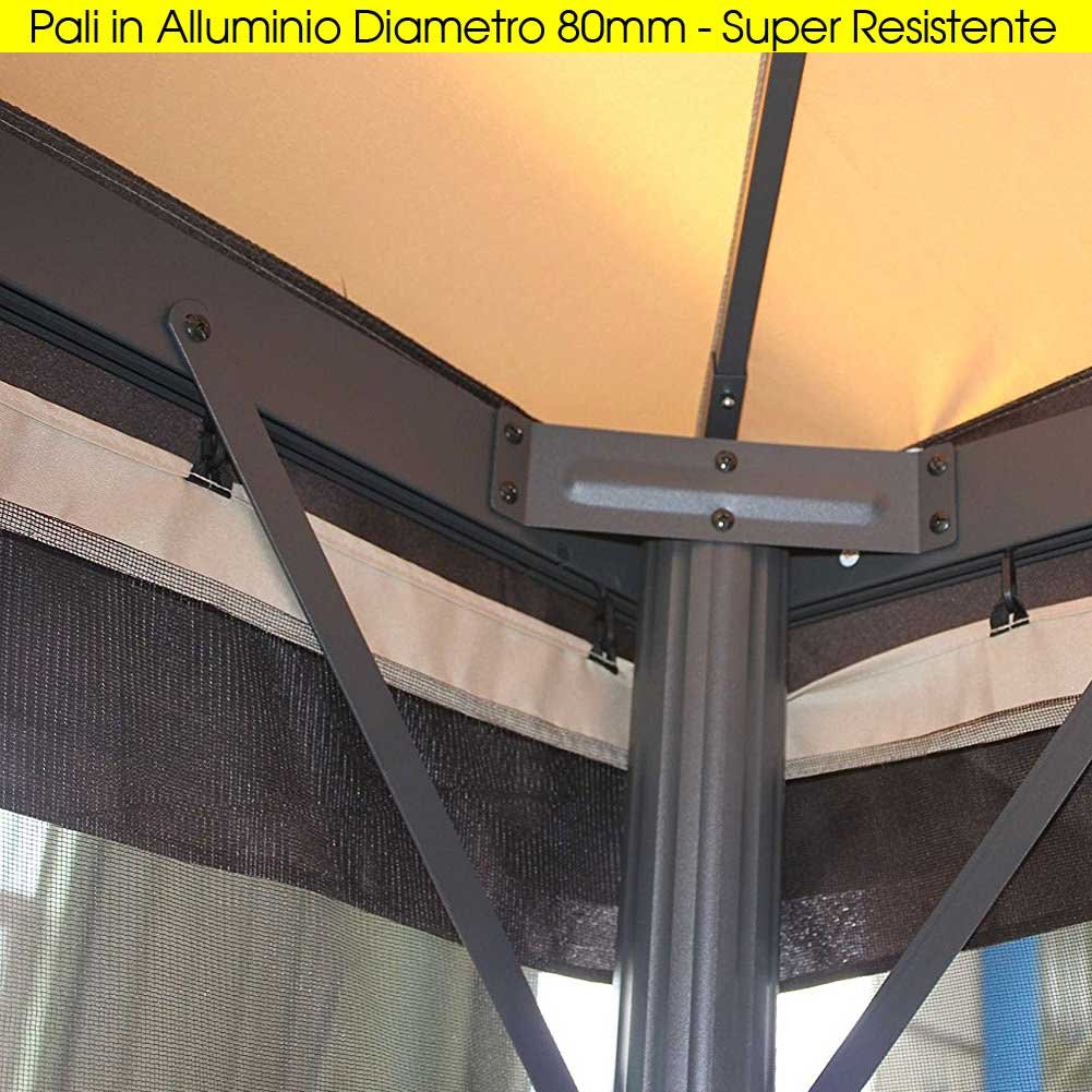 Bakaji Gazebo da Giardino 3x3 Mt Struttura in Alluminio con Copertura Telo 450 gr/mq Ghiaccio con Spalmatura Anti-UV. Antipioggia, completo di 4 Zanzariere e 4 Teli Laterali