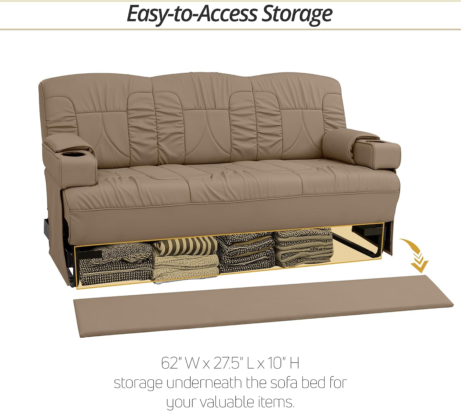 De Leon SL RV Sofa Bed, 68" Wide, Ultimate Leather, Light Sand