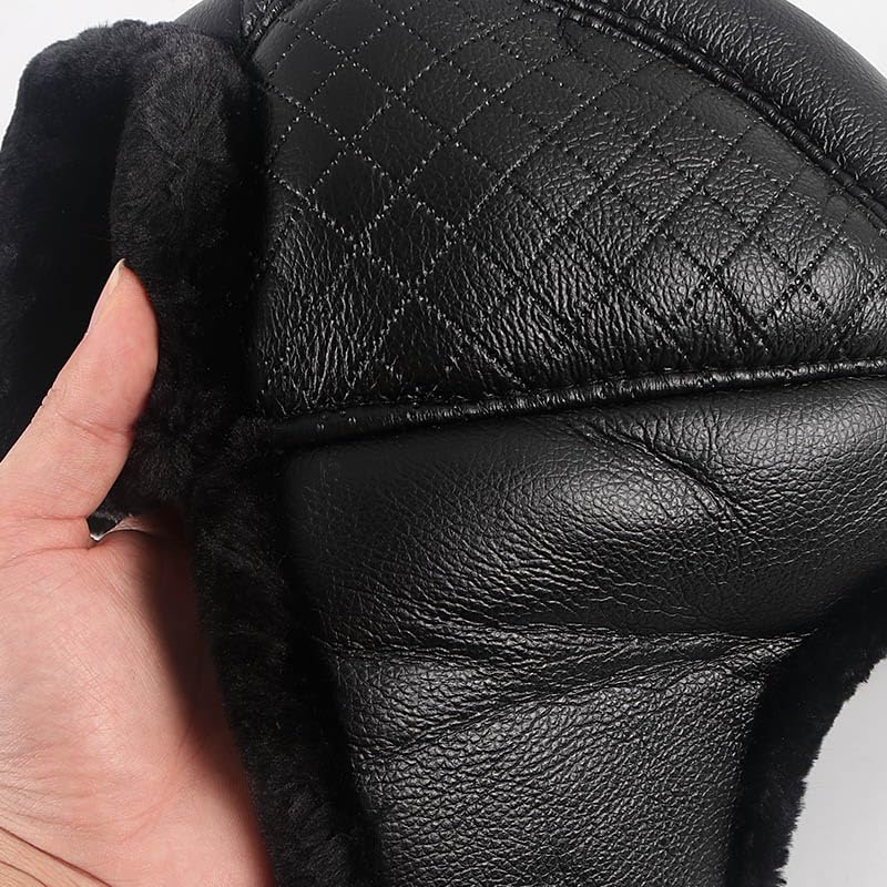 Gorro de Invierno Térmico Gorra de nieve de cuero Sombrero de bombardero for hombre Sombreros de invierno térmicos de piel sintética negra con gorra de papá con orejeras Sombrero de Aviador para Esqui