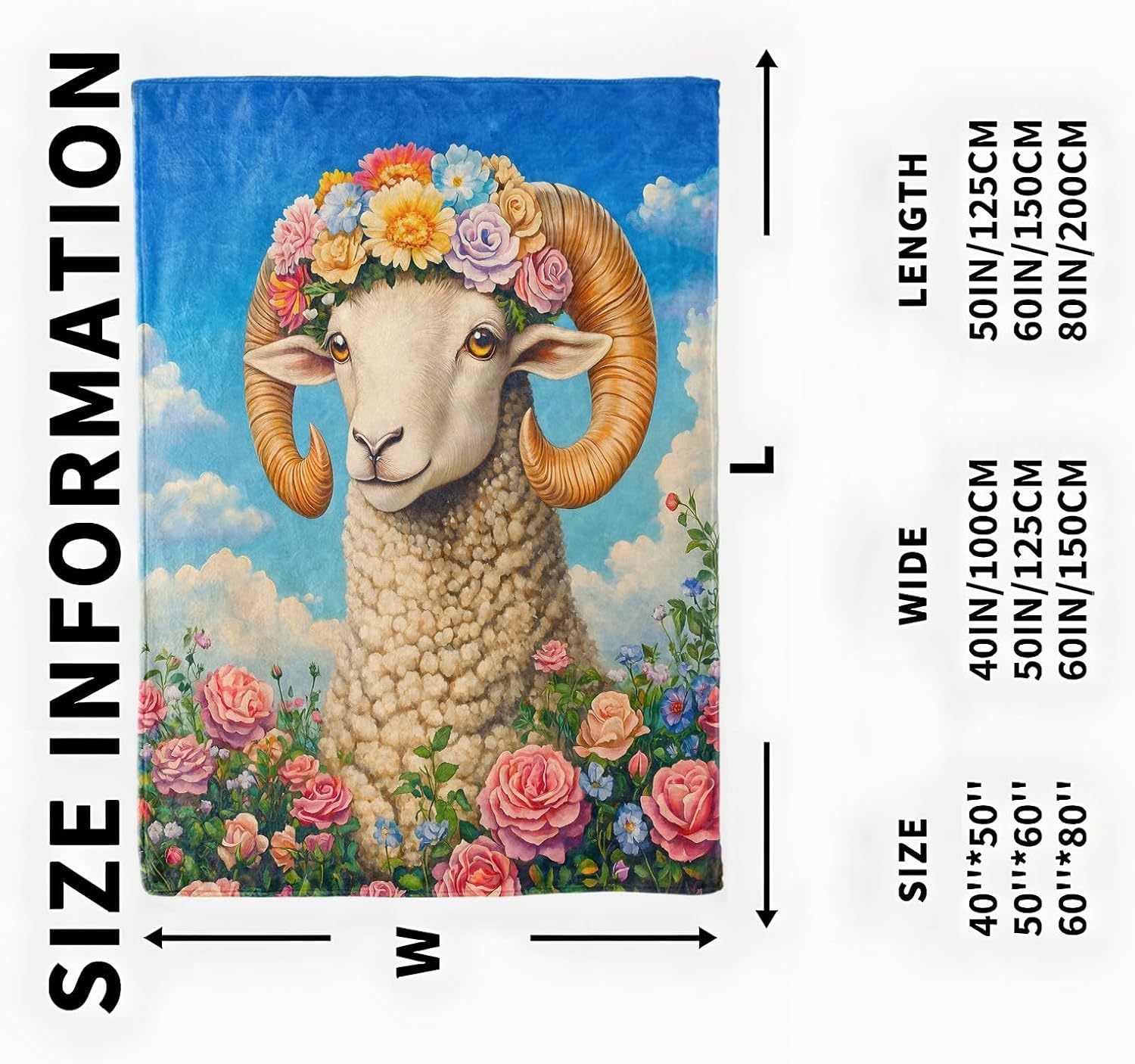 onluck Elegant Ram Flower Blanket, Cozy Flannel Sheep and Floral Garden Blankets, All Season Soft Throw for Travel Home Decor, Lightweight Sofa Bed Throws, Gifts for Women Girls Kids, 50"×60"