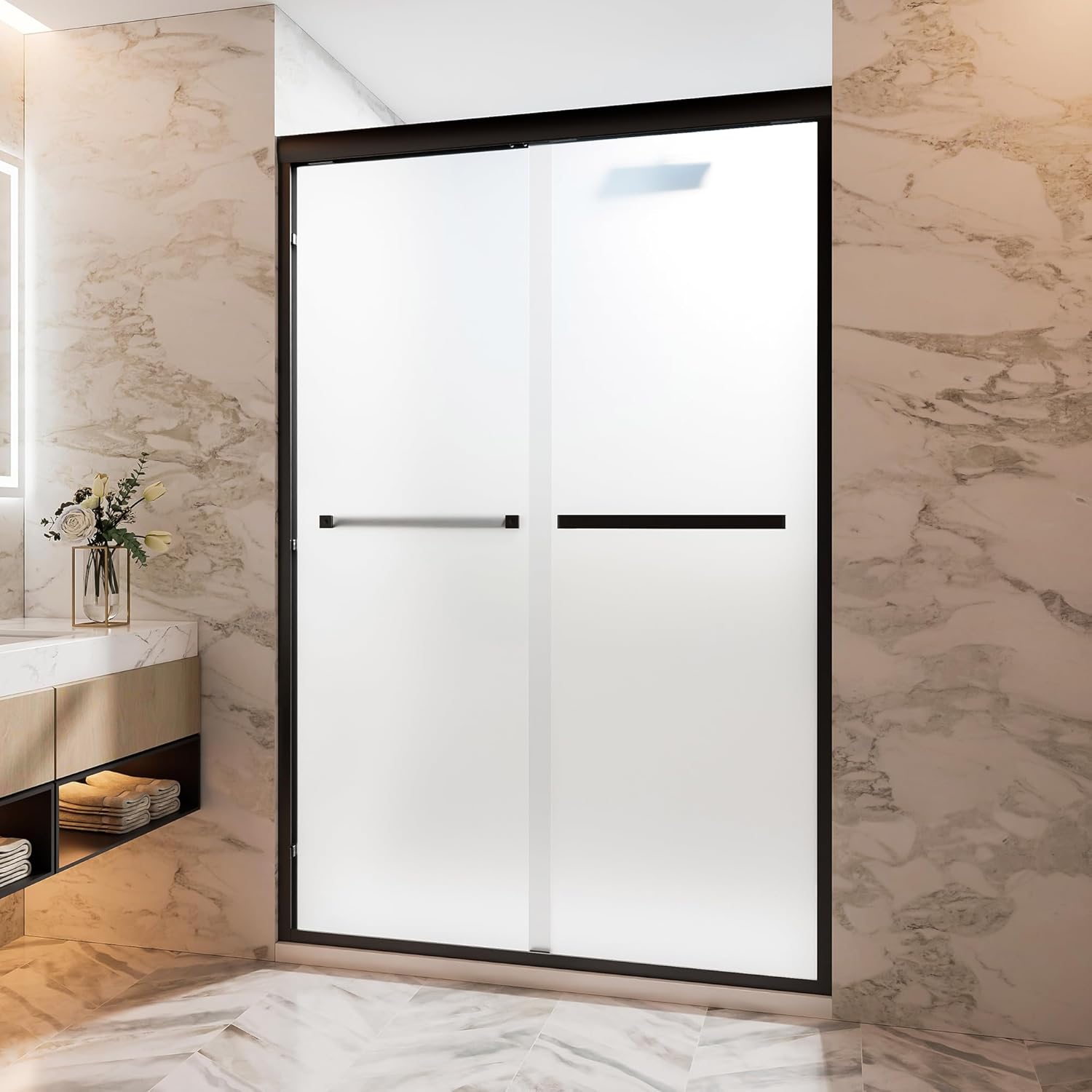 44-48" W x 72" H Frosted Glass Shower Door with 1/4" (6mm) Thick Tempered Glass and Nano-Coated, Double Sliding Shower Door in Matte Black Aluminum Frame