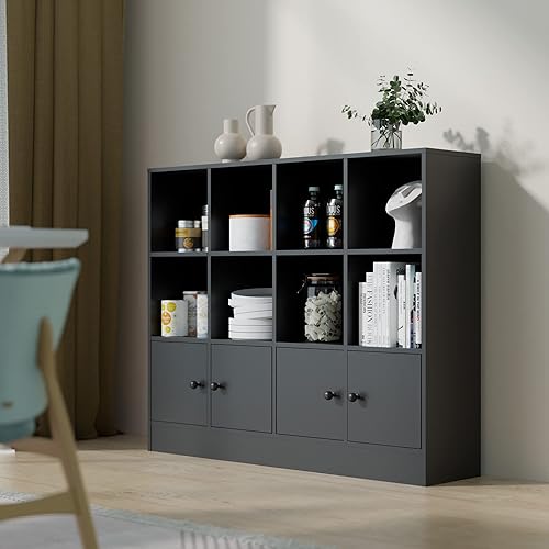 Miniatura 4 de Cozy Castle Estantería negra con 12 cubos y 4 puertas, estantería abierta de 2 niveles con dispositivo anti-inclinación para dormitorio, sala de