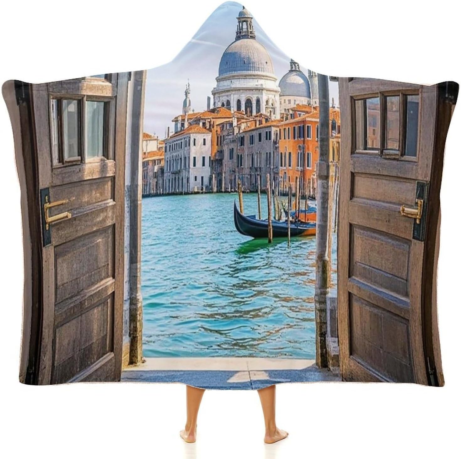 Italian Water City Wearable Hooded Blanket, Ultra Soft Arctic Velvet Cape Cloak Unisex - Cozy Wearable Blanket