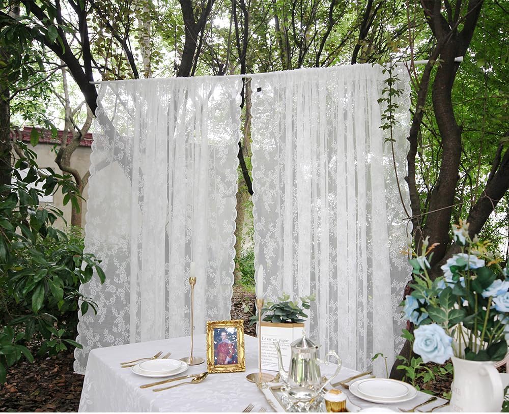 Cortinas blancas de encaje con flores bordadas, 2 cortinas transparentes de encaje de gasa con correas para decoración de salón o dormitorio (2 unidades de 150 x 230 cm)