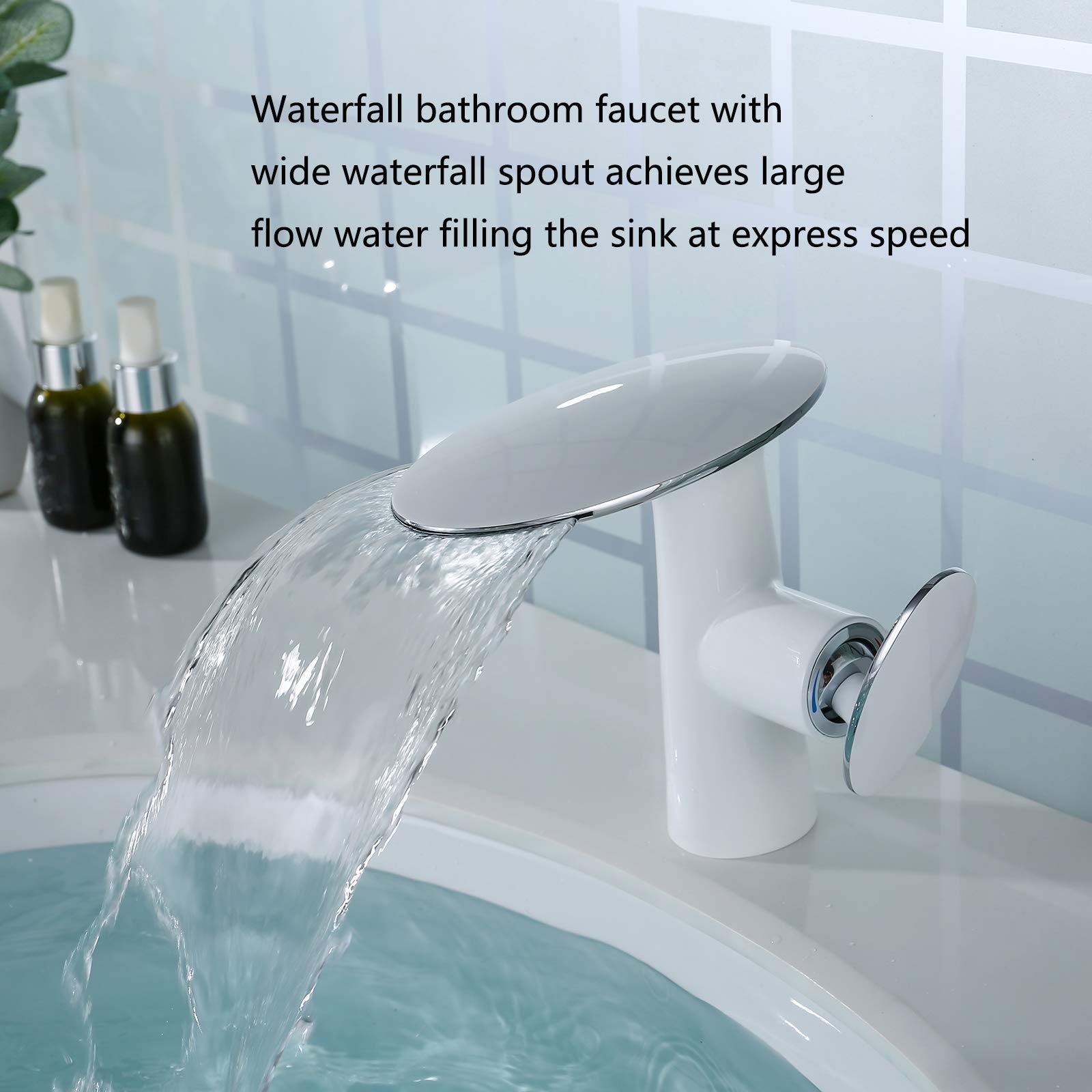 Wasserhahn Bad für Waschbecken Wasserfall Badarmaturen Mischbatterie Waschtischmischer Weiß Einhebel Waschtischarmatur Messing Wasserhahn Bad Waschtischarmatur mit Kalt und Warmwasser Weiß Chrom Hoch