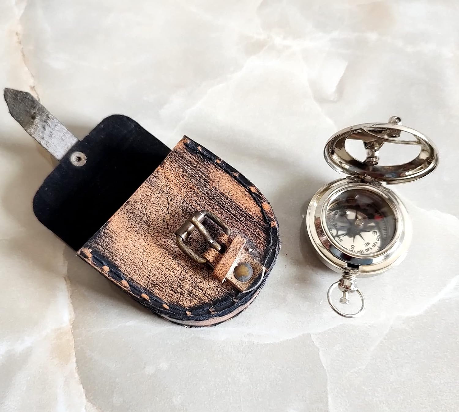 Nicale Polish Solid Brass Push Button Compass & Sundial with Lather Case Size Measures 1.75 Inches in Diameter.